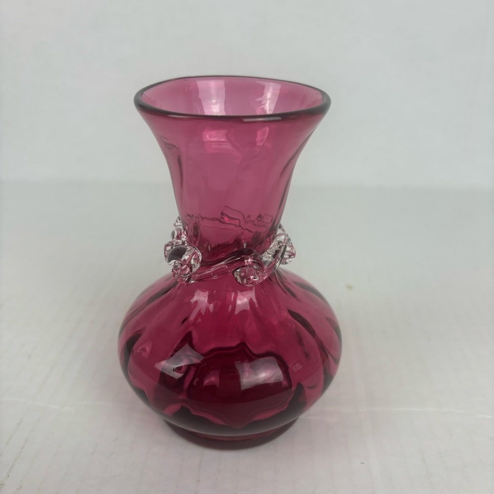 Vintage Pilgrim Art Glass cranberry small vase with ruffled detailing